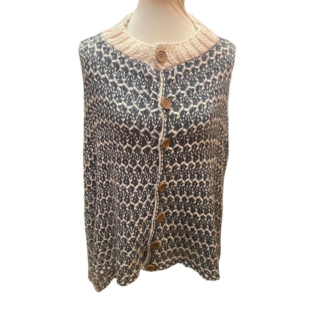 Simply Noelle Slate Blue & Cream Button Down Poncho/Shawl/Shrug-One Size - Picture 2 of 15